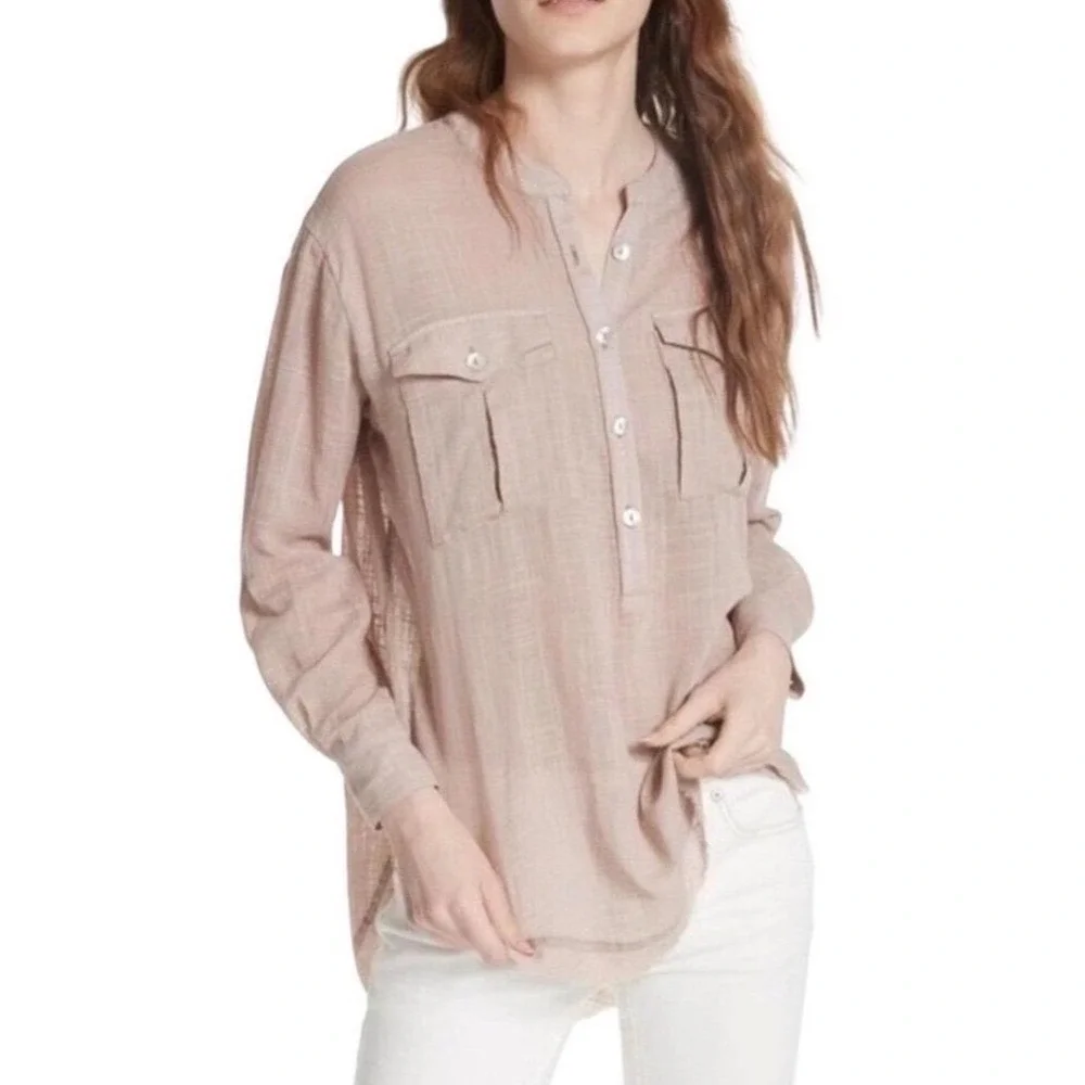Free People Talk To Me Dusty Rose Gauze Button Up Utility Shirt XS Frayed Hem